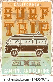 Surfing colored vintage poster with bus, sample text and grunge textures on separate layers vector illustration on bright background