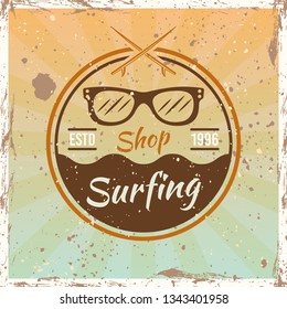 Surfing colored vintage round emblem, badge, label or logo with sunglasses vector illustration on bright background