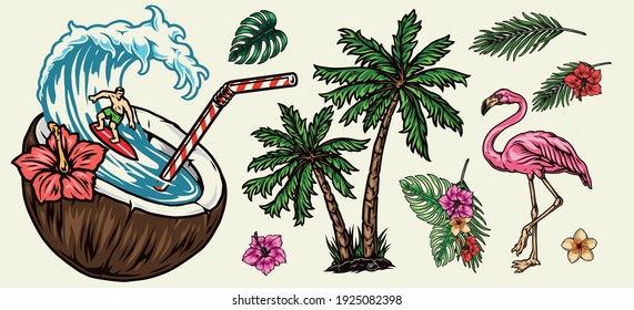 Surfing colorful elements concept with palm trees exotic flowers leaves pink flamingo and happy surfer riding wave in coconut with straw isolated vector illustration