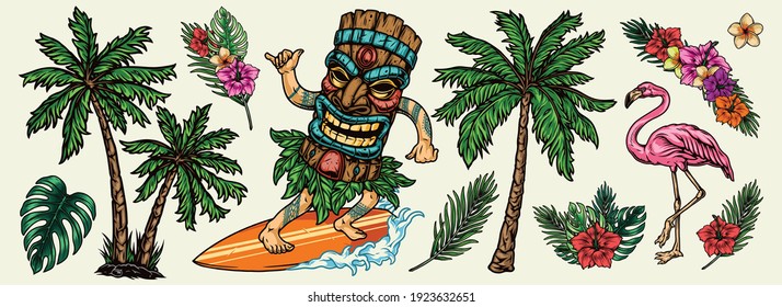 Surfing colorful vintage elements concept with palm trees blooming tropical flowers leaves pink flamingo man in tiki mask riding wave and showing shaka sign isolated vector illustration