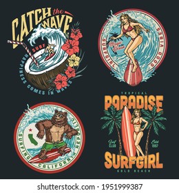 Surfing colorful vintage prints with palm trees hibiscus flowers pretty surfgirls funny bear in sunglasses and man surfers isolated vector illustration