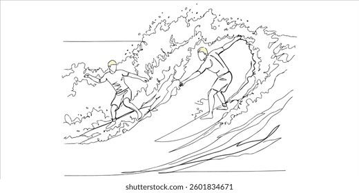 Surfing Competition on Big Waves, Professional surfers competing on massive ocean waves during an international surf event, single one line art hand drawing sketch white background