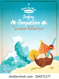 Surfing competition promo poster with sand beach and coconut cocktail vector illustration