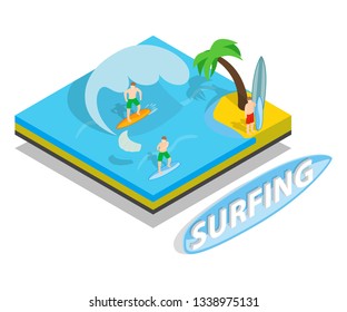 Surfing concept banner. Isometric banner of surfing vector concept for web, giftcard and postcard