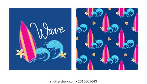 Surfing concept colorful collection. Hand drawn surfing vibe vector set. Wave typography slogan. Retro seamless pattern with surfboard, shall, waves, tropical flowers.