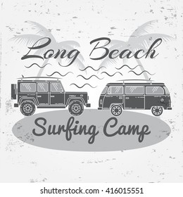 Surfing concept for shirt or logo, print, stamp. For web design and application interface, also useful for infographics. Vector dark grey. Vector illustration.