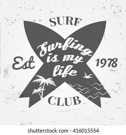 Surfing concept for shirt or logo, print, stamp. For web design and application interface, also useful for infographics. Vector dark grey. Vector illustration.