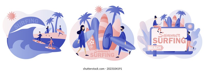 Surfing concept. Surf Club or Shop. Tiny people surfers in beachwear with surfboards in sea or ocean.  Modern flat cartoon style. Vector illustration on white background