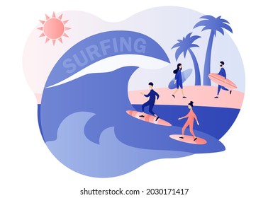 Surfing concept. Surf Club or Shop. Tiny people surfers in beachwear with surfboards in sea or ocean catch the wave. Modern flat cartoon style. Vector illustration on white background