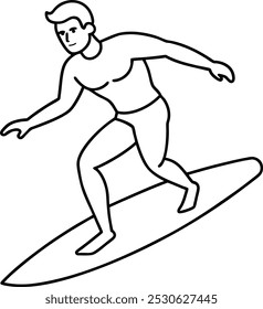 Surfing continuous line drawing of surfer and waves. Surfing in sea hand drawn minimalism style. The concept of surfing and sea sports outline vector art and illustration design.