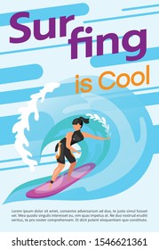 Surfing is cool poster vector template. Watersport. Brochure, cover, booklet page concept design with flat illustrations. Extreme sport. Advertising flyer, leaflet, banner layout idea