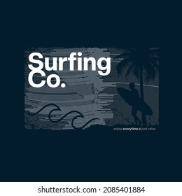 surfing co,t shirt print, poster art with palms and wave illustration