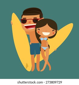 surfing couple. cartoon characters. vector illustration