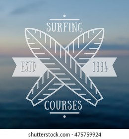 Surfing courses emblem, transparent sign, vector illustration