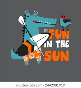 surfing crocodile fun in the sun , hand drawn illustration for tshirt kids and other print 