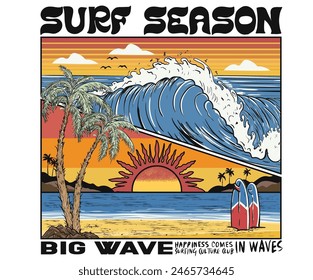 Surfing culture club print design. Sunshine tropical beach artwork. Palm beach vibes artwork. Big wave print design for t shirt print, sticker, background and other uses. Happiness comes in wave.