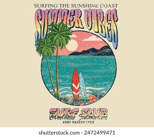 Surfing culture club print design. Beach artwork. Palm beach vibes artwork. Summer design for t shirt print, sticker, background and other uses.