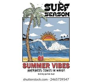 Surfing culture club. Summer vibes print design. Sunshine tropical beach artwork. Palm beach vibes artwork. Big wave print design for t shirt print, poster, sticker, background, men, women and others.