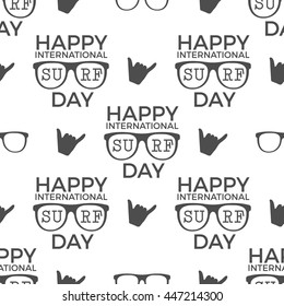 Surfing day pattern design. Summer seamless with surfer symbols - glasses, shaka sign and typography. Monochrome style. Vector illustration. Use for fabric printing, web projects, t-shirts or tee