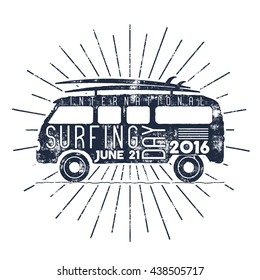 Surfing day typography label. Vector Vacation typographic emblem with star bursts. Surfer party retro badge with surf symbols - retro rv and surfboards. For web, tee design, t-shirt printing.