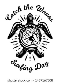 Surfing day vector emblems, illustrations, t-shirt design with turtle on white background