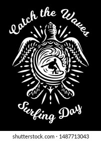 Surfing day vector emblems, illustrations, t-shirt design with turtle on black background