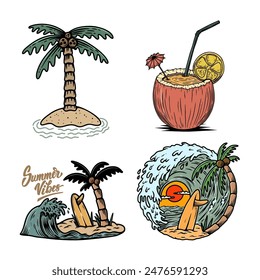 Surf deck, olas y playa tropical. Elemento de diseño para póster, tarjeta, Anuncio. 