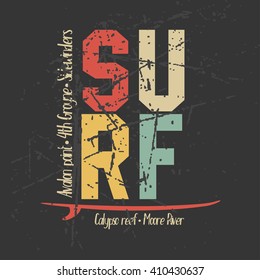 Surfing design graphics for t-shirt, vintage design. Australia surfers wear. Vector illustration