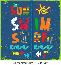 Surfing Design | Tropical vector print |Hand drawing silhouette | T-shirt Printing | Badge Applique Label