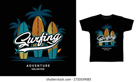 Surfing design vector with surfboard illustration, ready for print on t-shirt