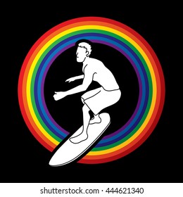 Surfing designed on line rainbows background graphic vector.