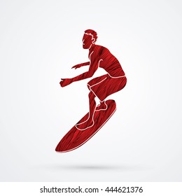 Surfing designed using red grunge brush graphic vector.