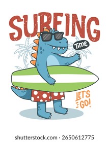Surfing dinosaur hand drawn illustration , ready for print on t-shirt and other uses.