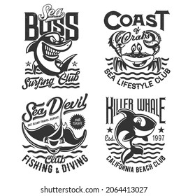 Surfing, diving and fishing t shirt prints, waves of sea and ocean, vector icons. Surf, dive and fisher club emblem of shark, crab and killer whale, summer beach adventure and marine sport t-shirts