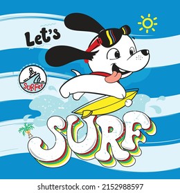 Surfing dog wearing sunglasses with grunge texture on striped background illustration vector, T-shirt design for kids.