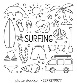 Juego de doodles de surf. Elementos de verano: tablas de surf, olas, delfines, palmeras, pantalones cortos en forma de boceto. Ilustración vectorial dibujada a mano aislada en fondo blanco