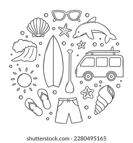 Surfing doodle set. Summer elements: surfboard, wave, dolphin, shorts in sketch style. Hand drawn vector illustration isolated on white background
