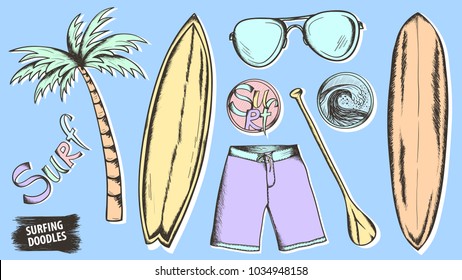 Surfing doodles. Summer sketches set. Ocean. Surfing sketch. Beach rest. Hand drawn stickers. Surfing. Retro sketch. Australia. Aloha. Hawaii. Surfboard. Wave. Palm. Surf. Travel or vacations design.