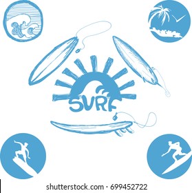 Surfing Doodles. Summer Sketches Set. Ocean. Beach Rest. Surf Vector. Palm Sketch. Doodle Summer Items. Hand Drawn Stickers. Surfboard. Wave. Palm. Traveling Or Vacations Design.