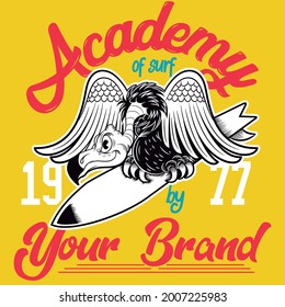 surfing eagle and text academy your brand yellow background