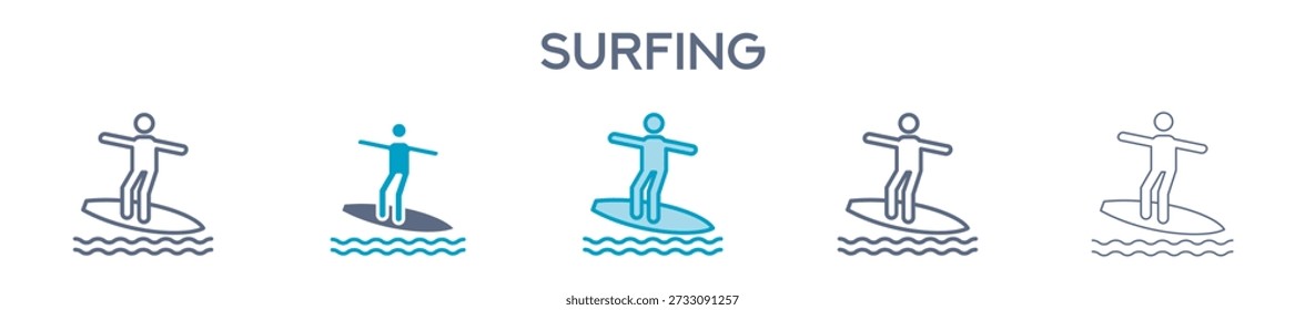 Elemento de surf para el diseño gráfico - estilos múltiples. Iconos de línea para deportes acuáticos y actividades de verano