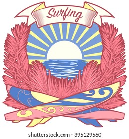 Surfing emblem with crossed surfboards, palm leaves and sea sunset panorama. Vintage design. EPS10 vector illustration.