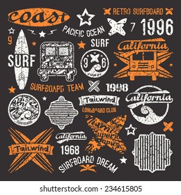 Surfing emblem and design elements in retro style. Graphic design for t-shirt