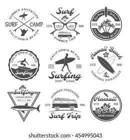 Surfing emblem set with descriptions of summer adventure California beach surf camp surf summer trip for example vector illustration