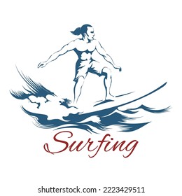 Surfing Emblem with Surfer Riding on a long Board and wording Surfing isolated on white. Vector illustration.