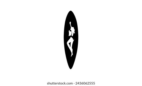Surfing emblem, surfer woman on board, top view, black isolated silhouette