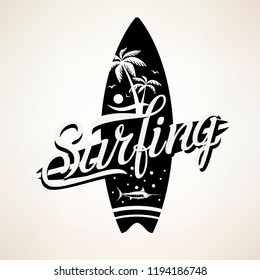 Surfing emblem template, surfboard silhouette with lettering