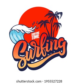 Surfing. Emblem template with waves and palms. Design element for poster, card, banner, sign, emblem. Vector illustration