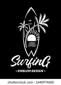 Surfing emblems, illustrations, t-shirt designs vector on black background