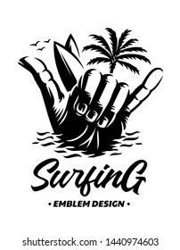 Surfing emblems, illustrations, t-shirt designs vector on white background